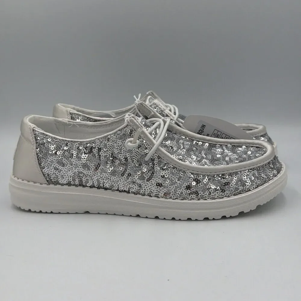 Hey Dude Wendy Women's 10 Silver Disco Sequin Casual Shoes Slip On 42695-13R